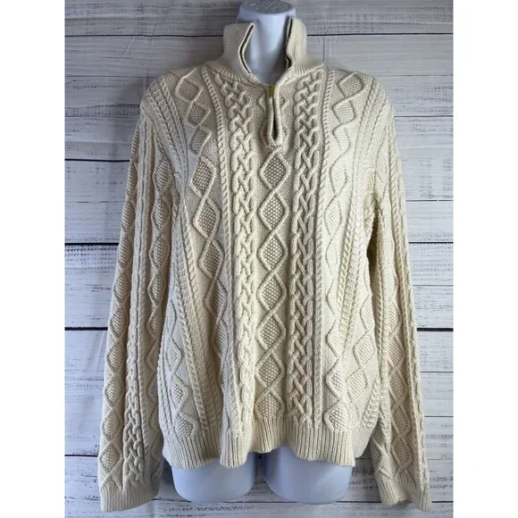 RALPH LAUREN Ivory Cable Knit Women Sweater 3/4 Zip Size XL Academia Preppy - Picture 1 of 11